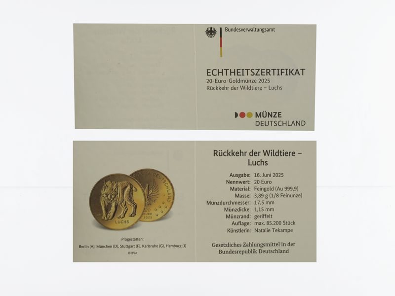 BRD 20 Euro Gold, 2025 A, Rückkehr der Wildtiere Luchs, (B+C+U)