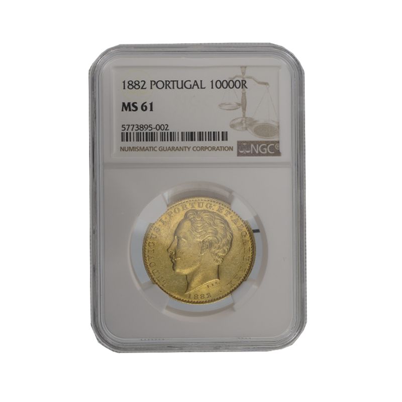 Portugal 10000 Reis Gold, Luiz I 1882, Slab NGC MS61