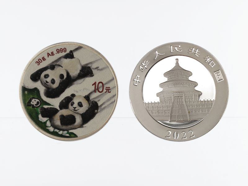 China 10 Yu Panda  2022 farbig grün, Silber
