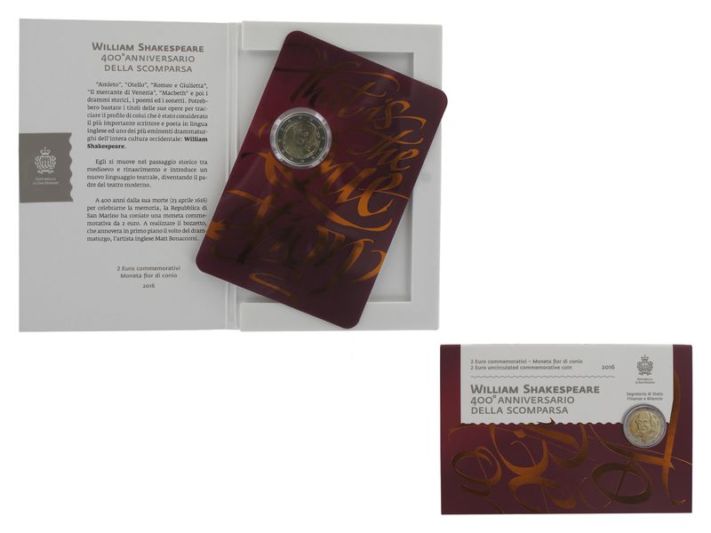 San Marino 2 Euro Münze, 2016, William Shakespeare Folder