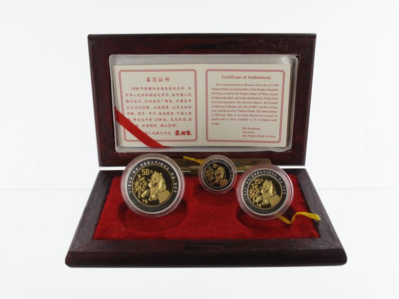 Panda Set 1996 3 Bimetal-Münzen, Box + CoA PP