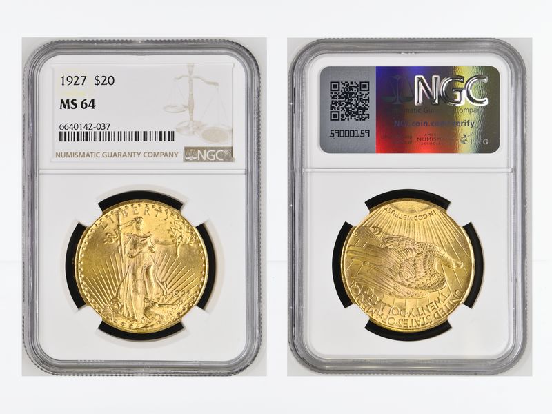 USA 20 Dollars Gold Eagle/Statue 1927 Motto, Slab NGC MS64
