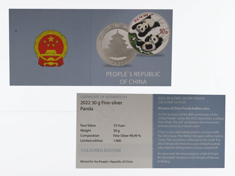 China 10 Yu Panda  2022 farbig grün, Silber
