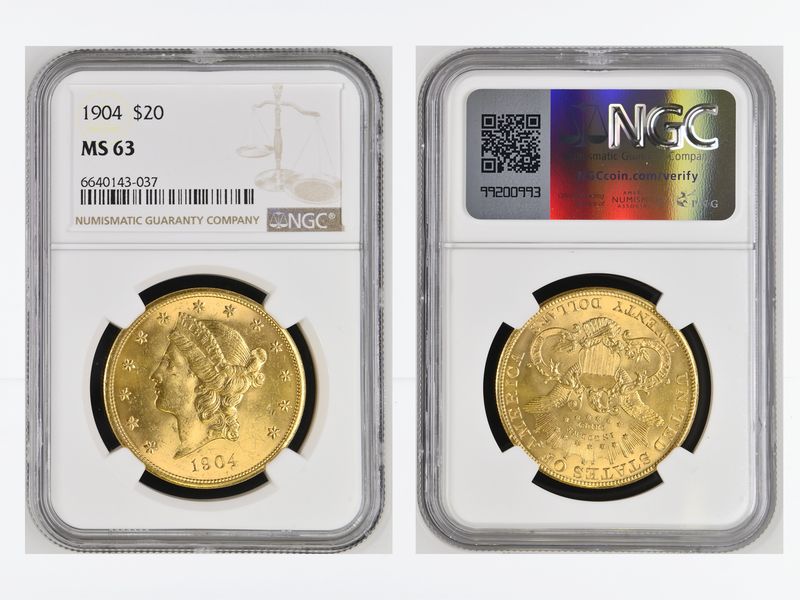 USA 20 Dollars Gold Eagle/Kopf 1904, Slab NGC MS63