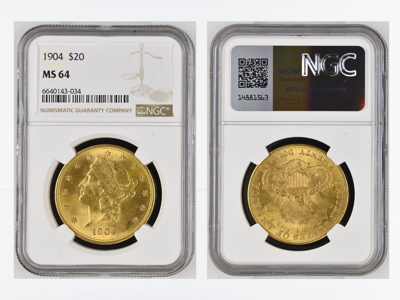 USA 20 Dollars Gold Eagle/Kopf 1904, Slab NGC MS64