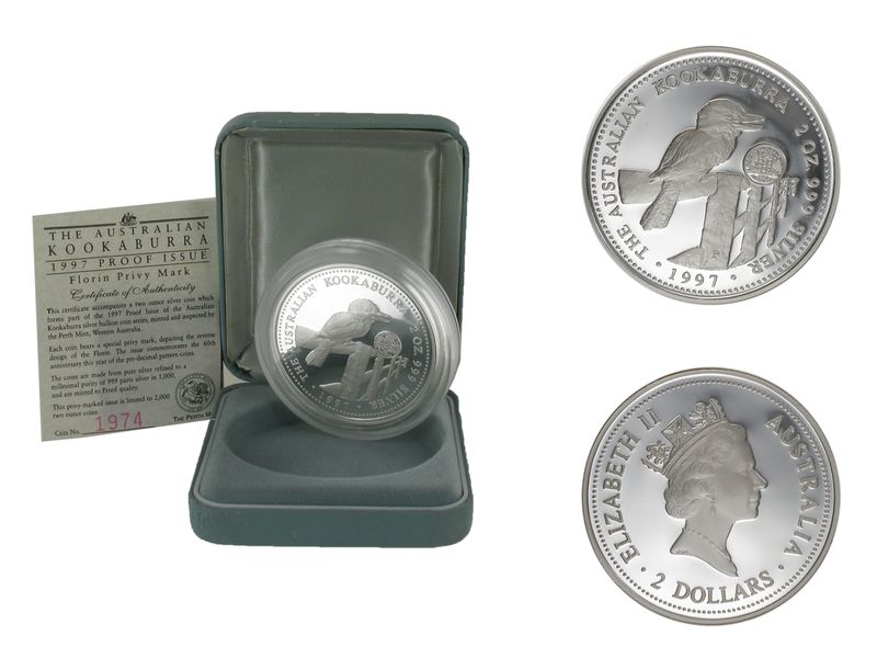 Australien 2$ Kookaburra 1997 PP, Privy Florin, 2 oz Silber (B+C)