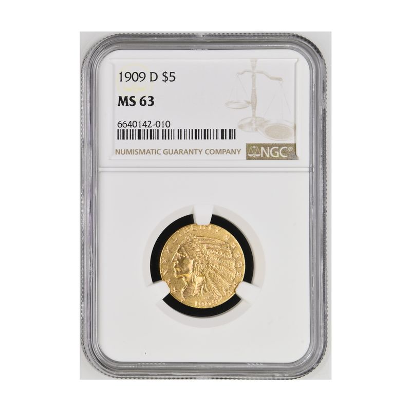 USA 5 Dollars Gold Indian Head 1909 D, Slab NGC MS63