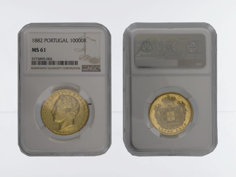 Portugal 10000 Reis Gold, Luiz I 1882, Slab NGC MS61