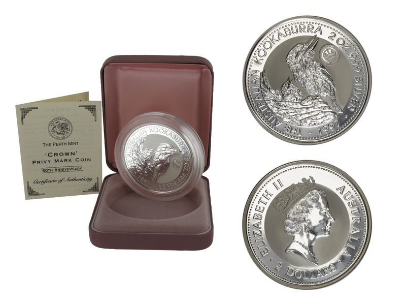 Australien 2$ Kookaburra 1997, Privy Krone, 2 oz  Silber, (B+C)
